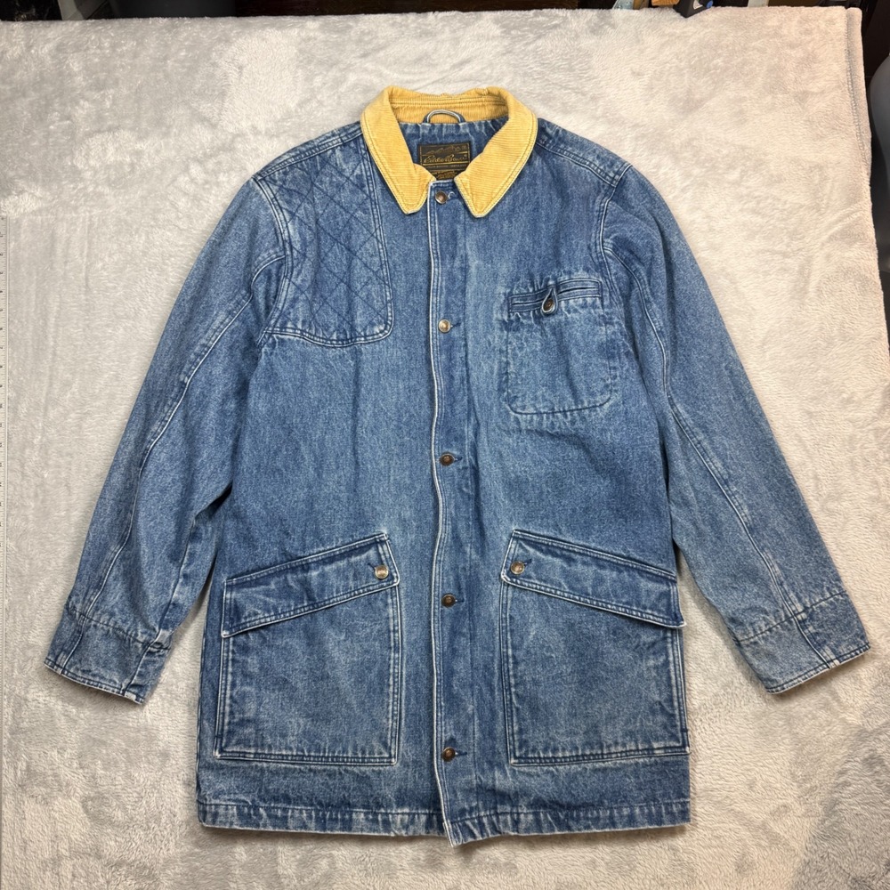 Vintage Eddie Bauer Barn Jacket Mens Medium Tall Blue Denim Faded Distressed 90s